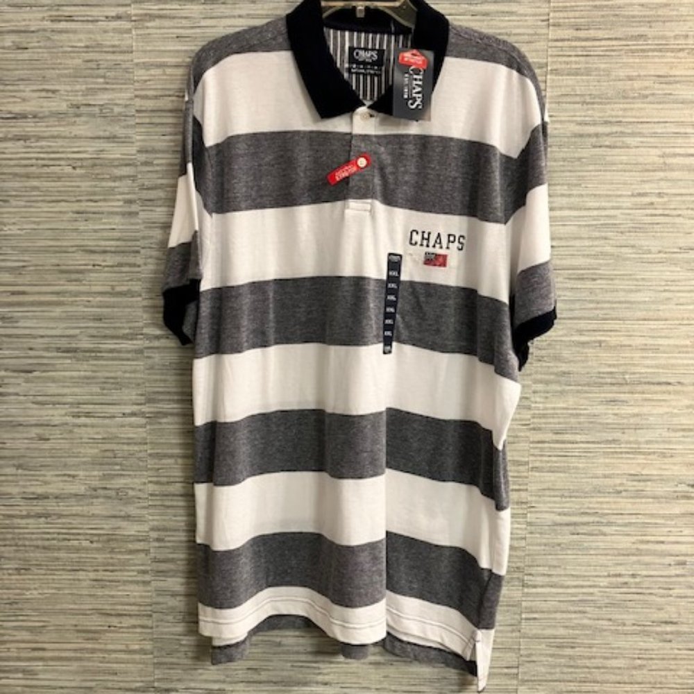 NWT! CHAPS Navy/White Striped Logo Shirt - 100% Cotton/Natural Stretch -  XXL